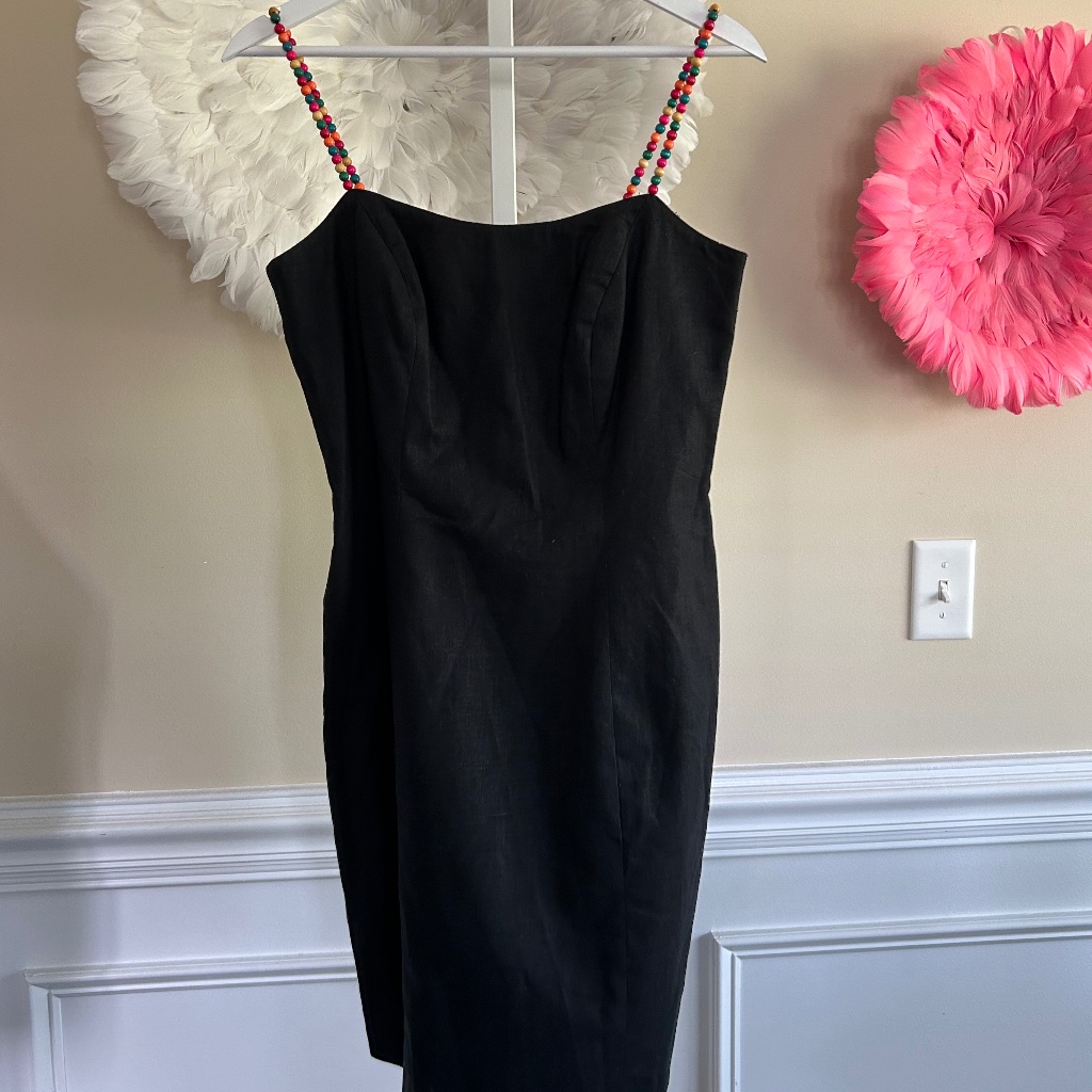 Vintage Lined Deborah Laws Dl Dress Size 6 Beaded Straps Black Linen Blend